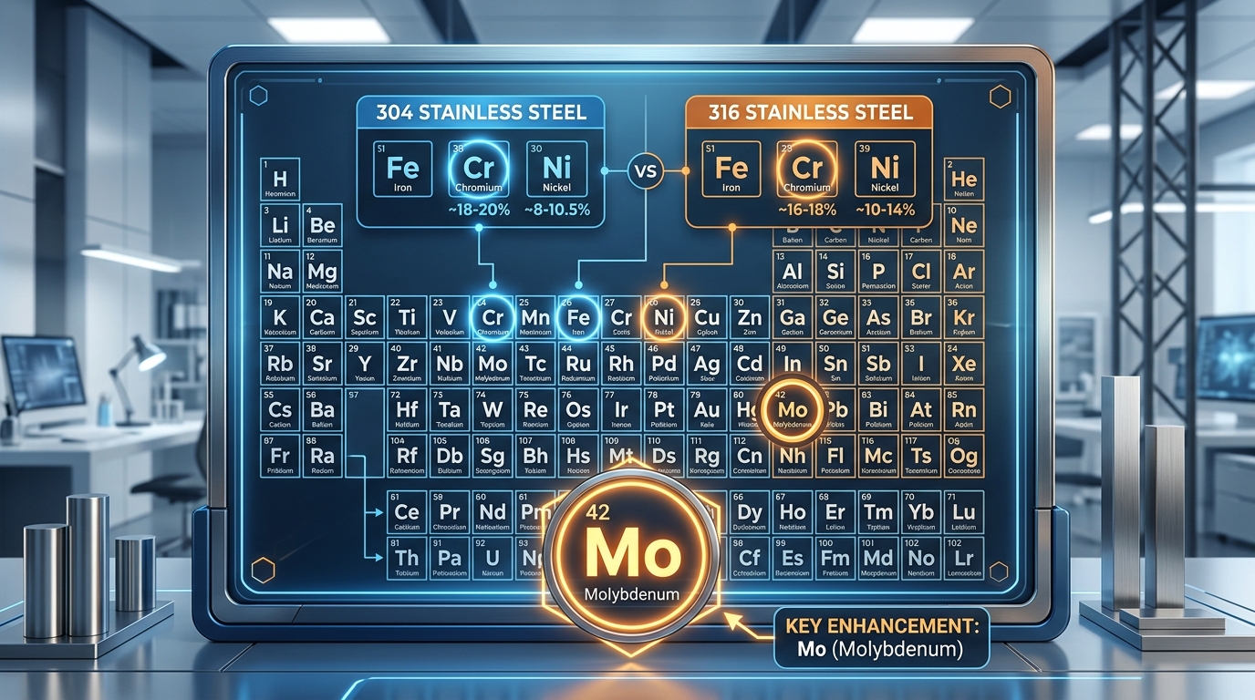 Chemical composition comparison infographic for 304 vs 316 stainless steel highlighting molybdenum difference