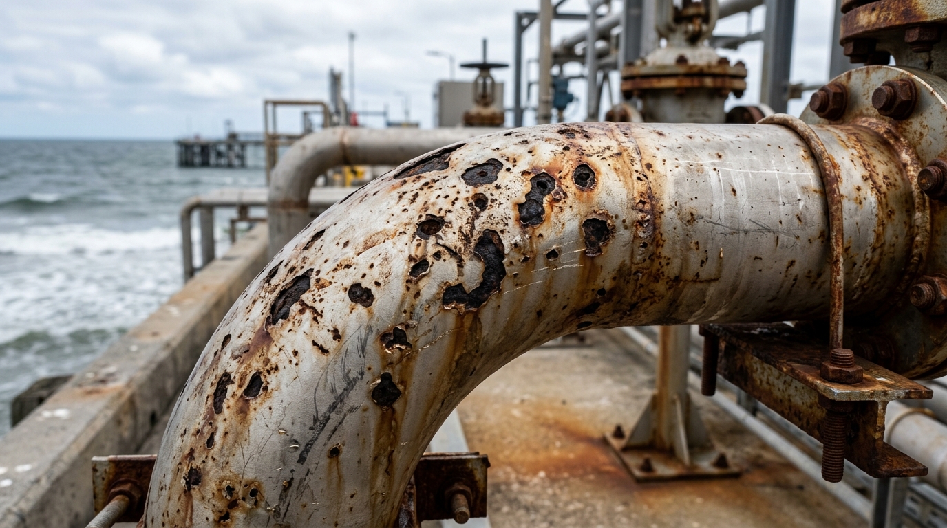 Pitting corrosion on stainless steel pipe caused by using 304 grade in marine chloride environment instead of 316