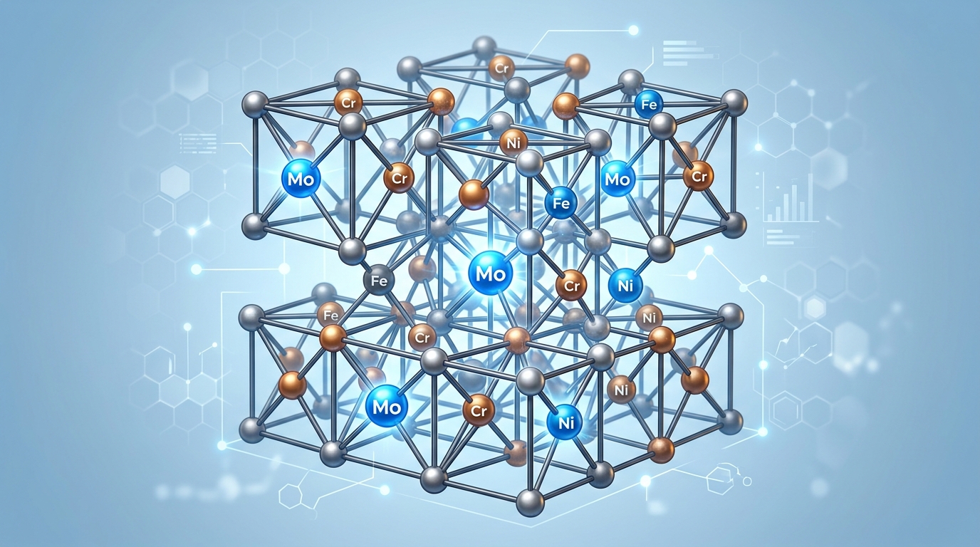 Molecular crystal structure comparison of 304 and 316 stainless steel showing molybdenum atoms in 316 grade