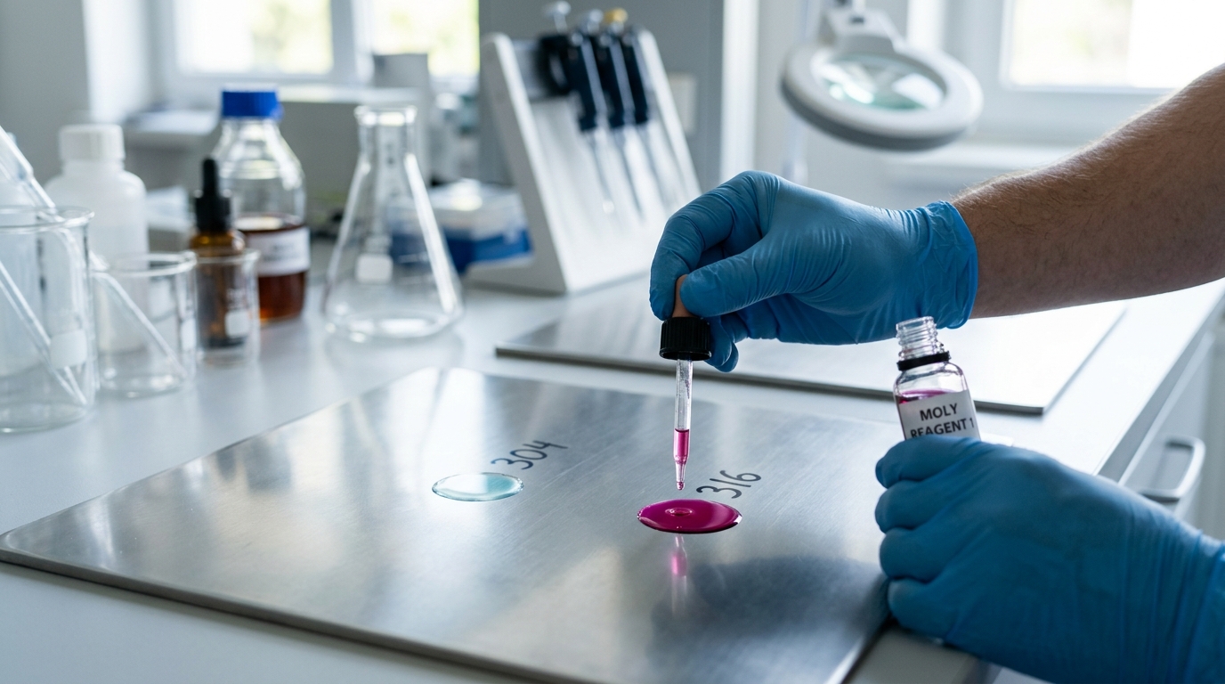 316 stainless steel chemical test kit in use showing pink molybdenum detection color reaction on metal surface