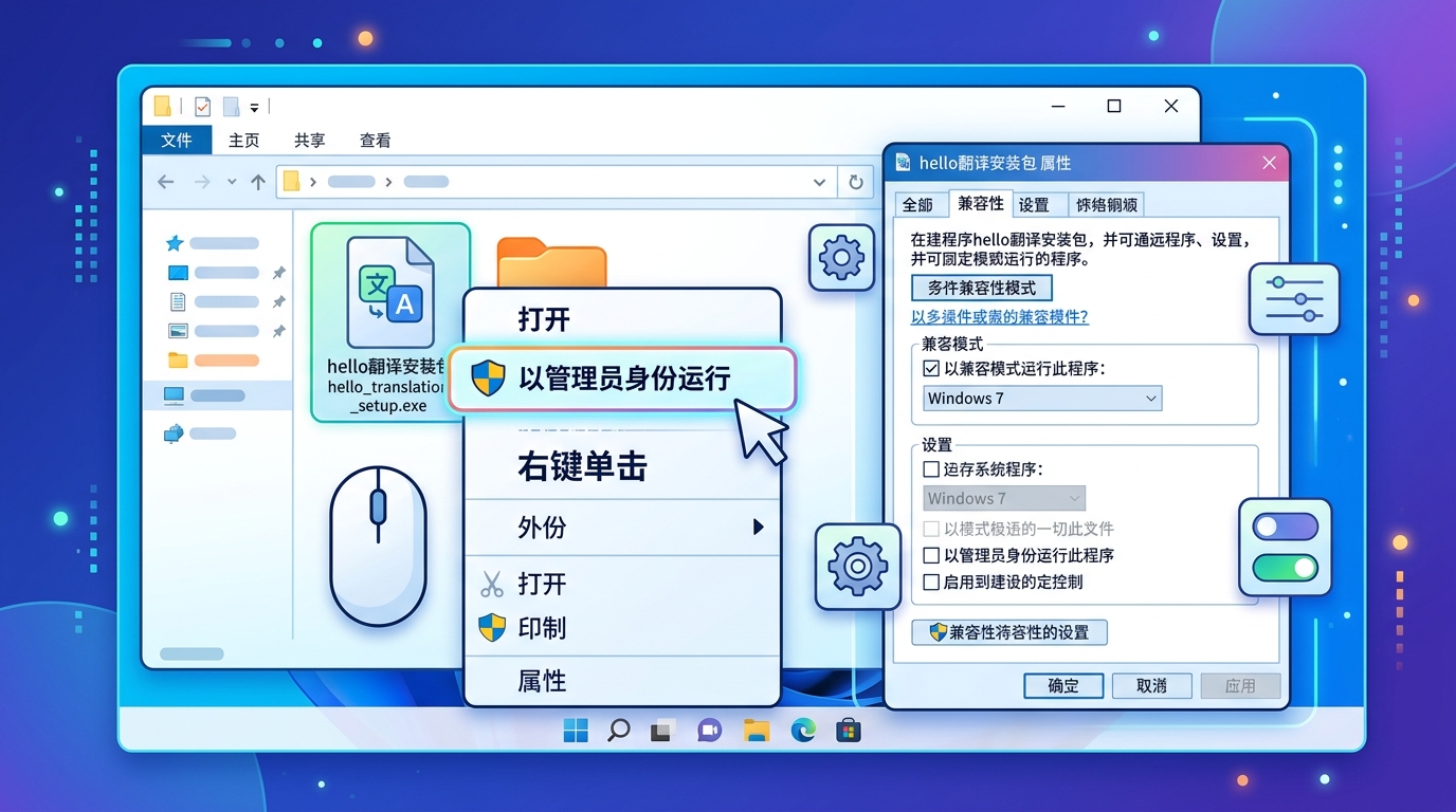 hello翻译安装报错时以管理员身份运行和兼容性模式设置步骤