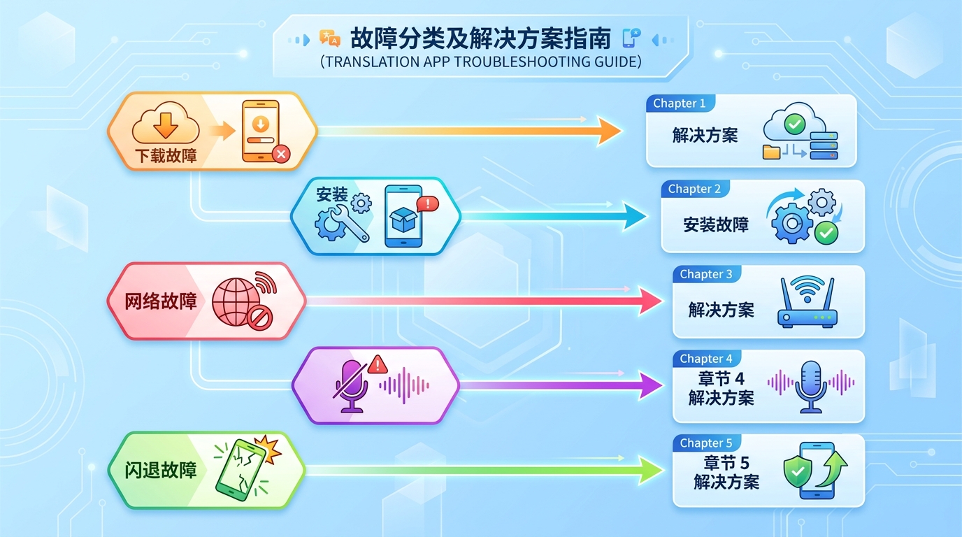 hello翻译故障类型速查流程图，涵盖下载失败、安装报错、翻译无结果等五类问题