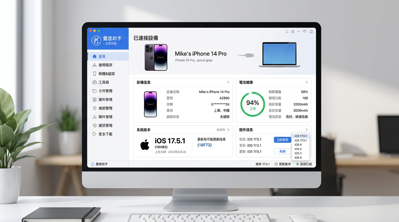 爱思助手PC端主显示界面已连接苹果设备的管理面板