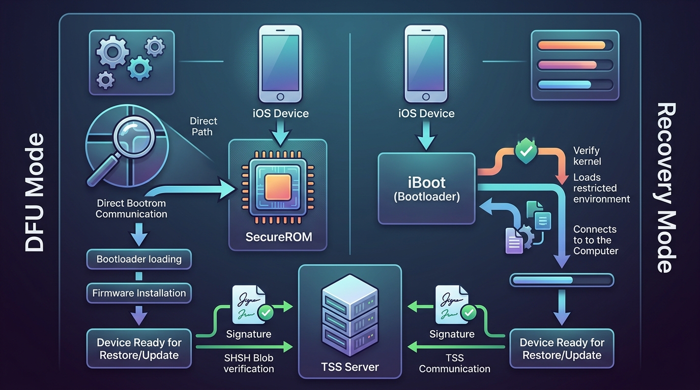 爱思助手刷机原理图解:DFU模式与恢复模式对比及SHSH签名验证流程