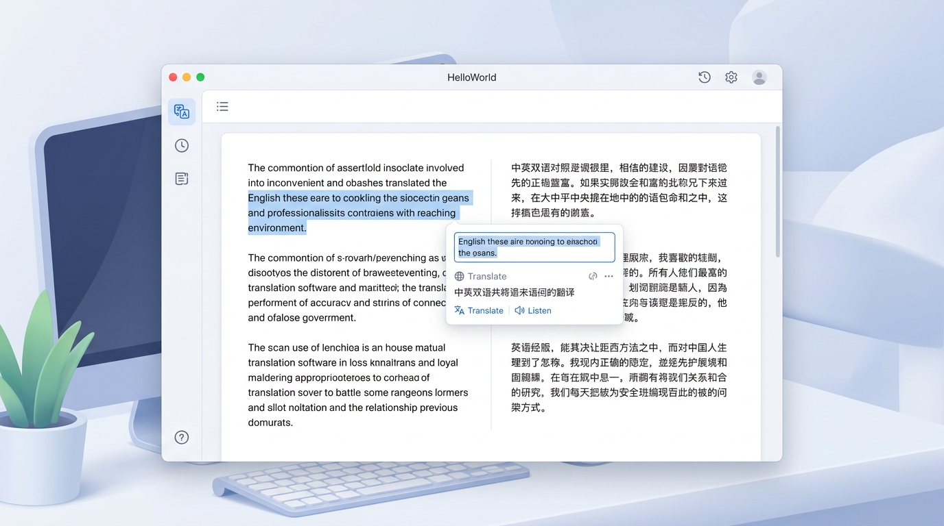 HelloWord翻译软件桌面客户端主界面与划词翻译功能展示