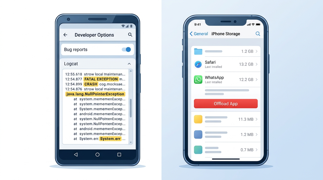 手机端有道翻译闪退排查步骤对比图:Android崩溃日志与iOS储存空间管理