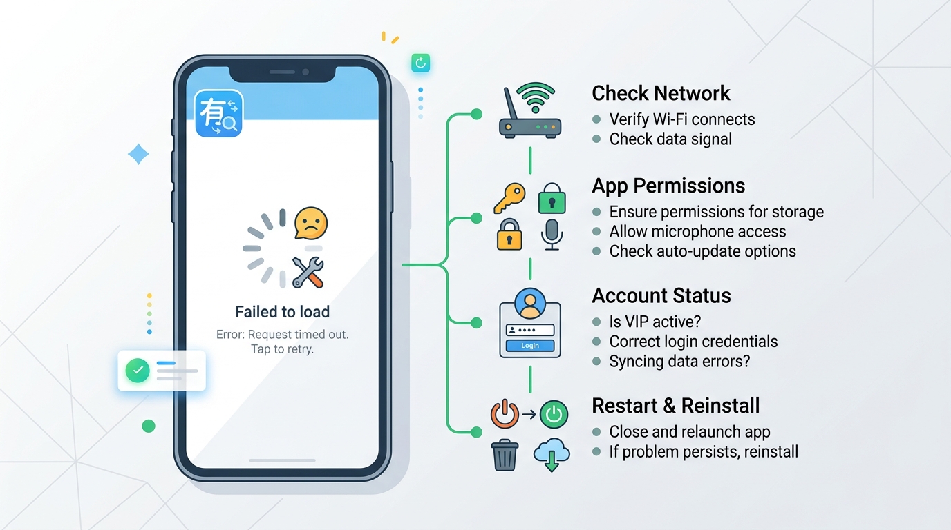 有道翻译无法使用时的白屏故障截图与快速自检流程图