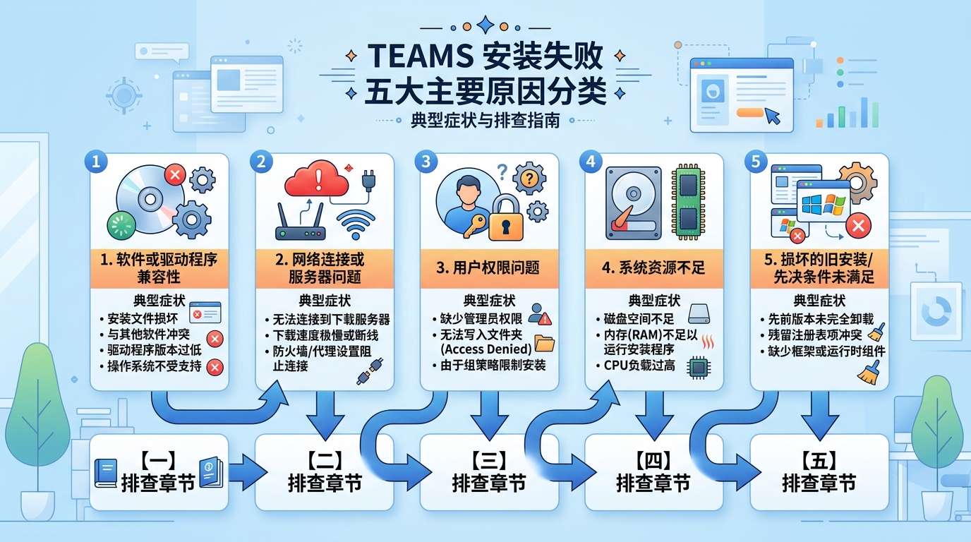 Teams电脑版下载安装失败五大常见原因分类总览图