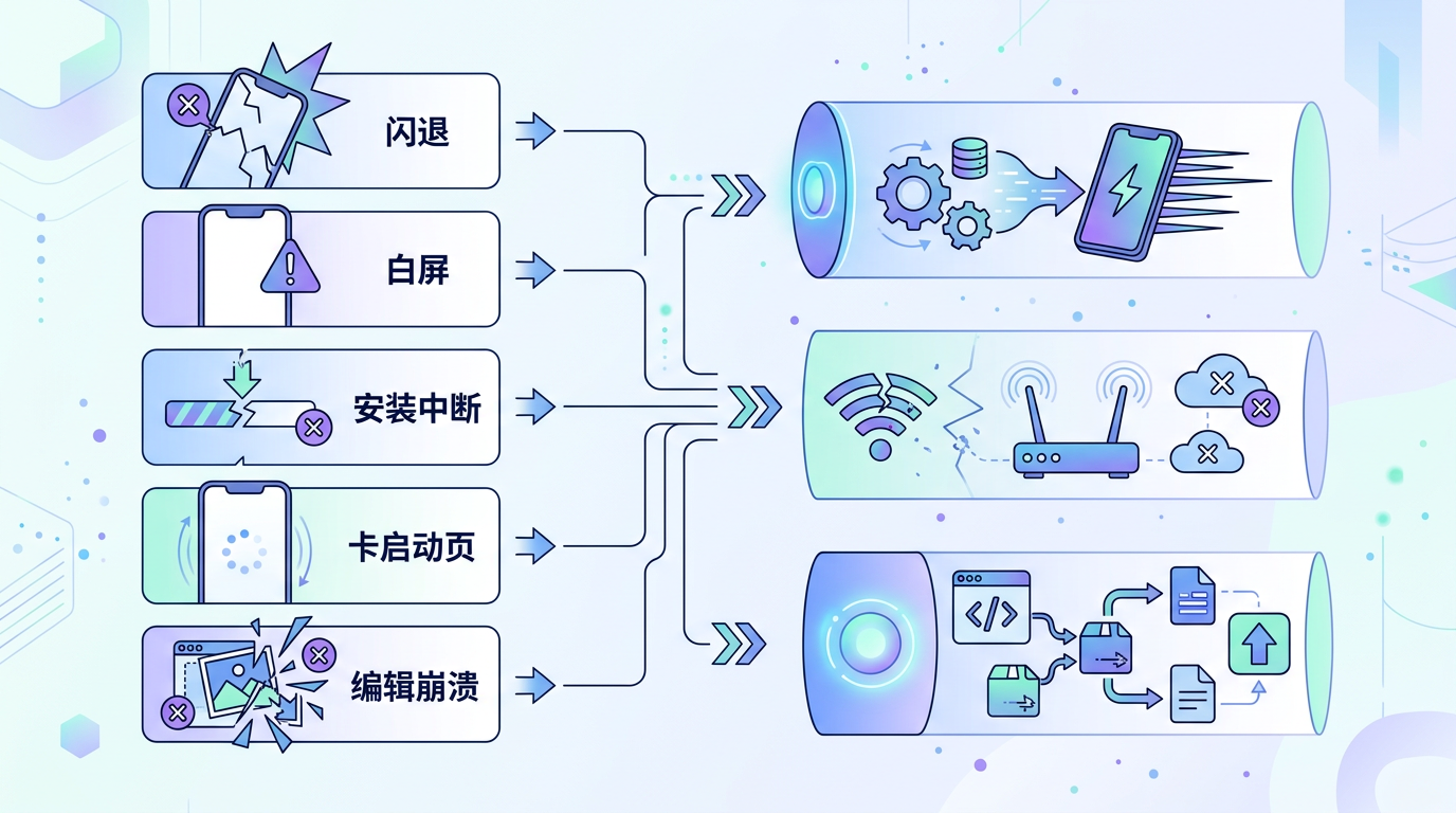 美图秀秀闪退与安装失败常见症状速查表信息图