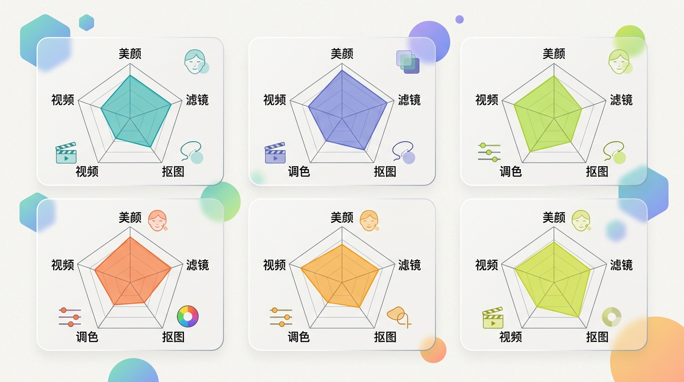 美图秀秀下载对比醒图Snapseed泼辣修图核心功能雷达图