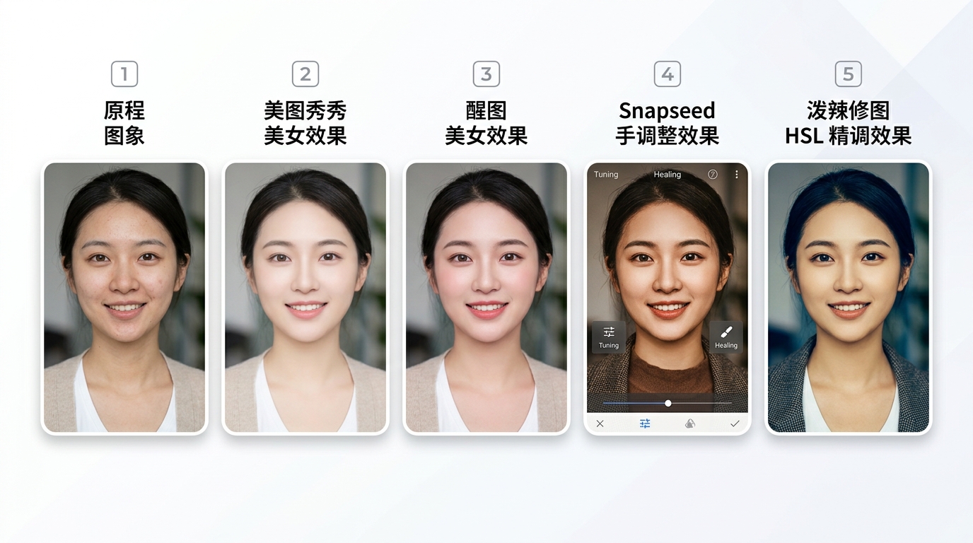 美图秀秀下载后人像精修效果与醒图Snapseed泼辣修图实测对比