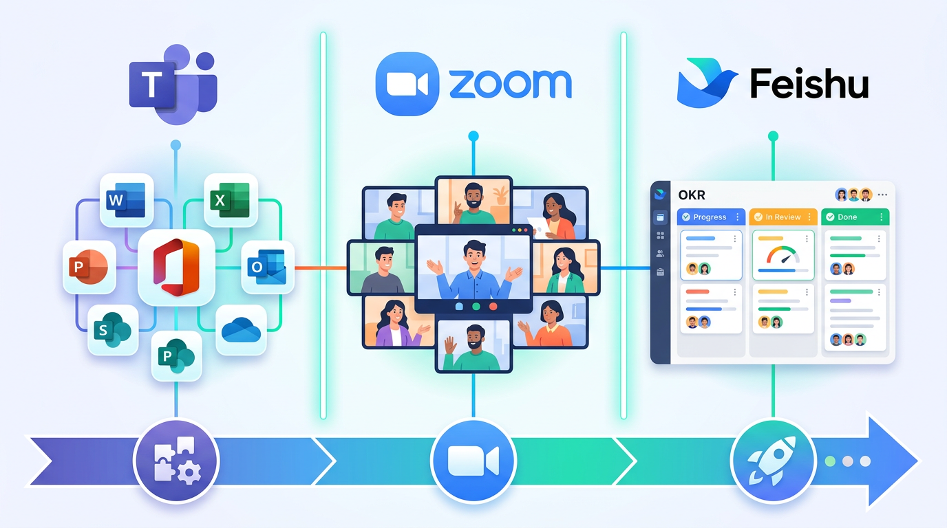 微软Teams对比Zoom和飞书三大协作平台核心定位信息图