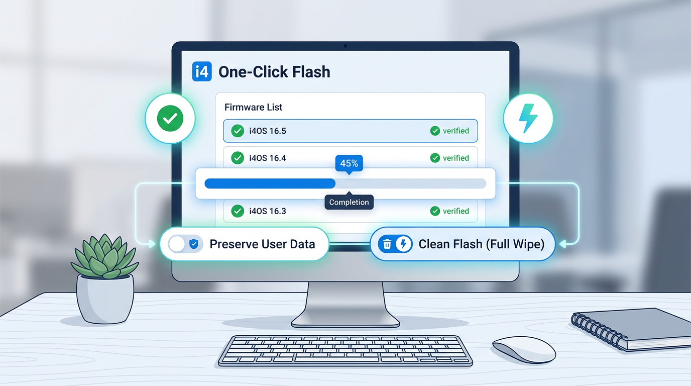 爱思助手一键刷机界面固件选择与刷机模式选项