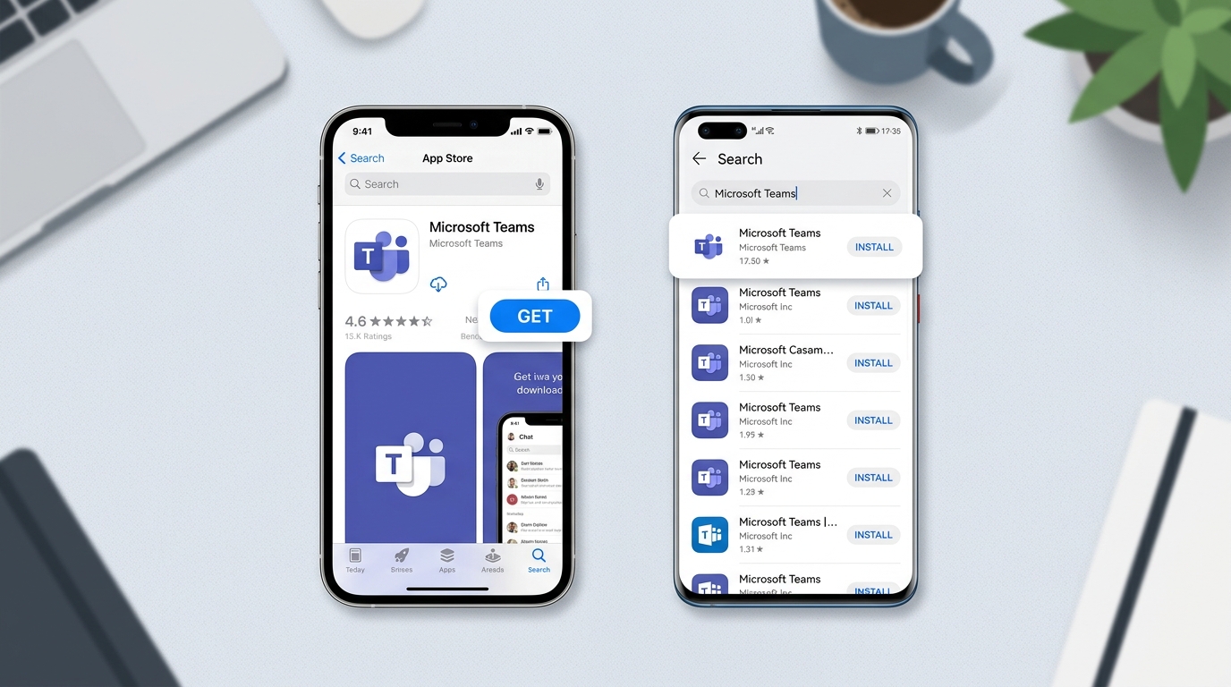 在 App Store 和华为应用市场下载 Teams 移动版的手机截图