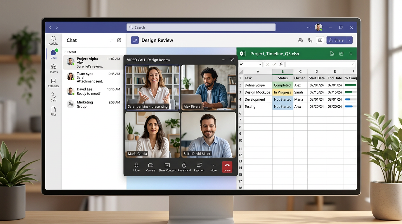 Microsoft Teams 桌面端界面展示聊天、视频会议和文件协作功能