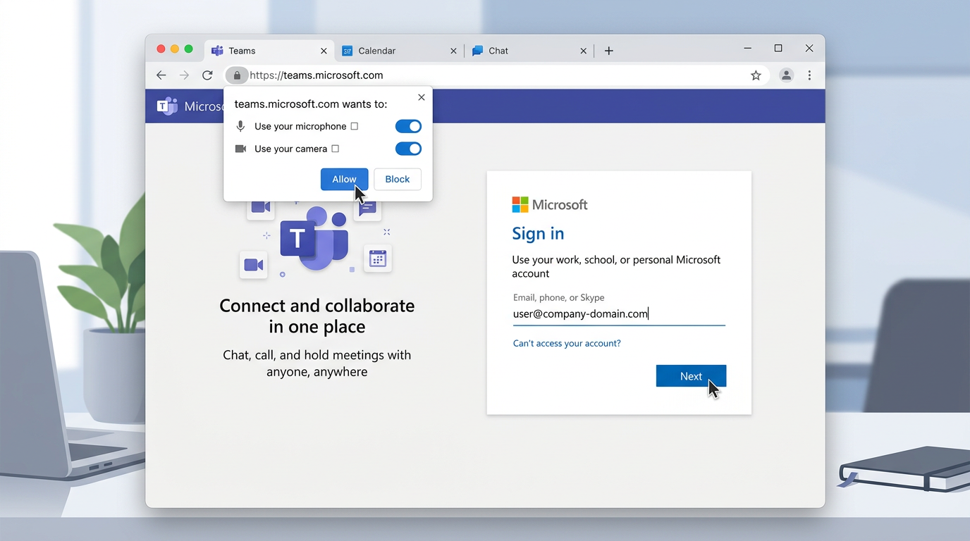 Teams 网页版登录页面截图，展示 teams.microsoft.com 的登录入口与浏览器权限提示