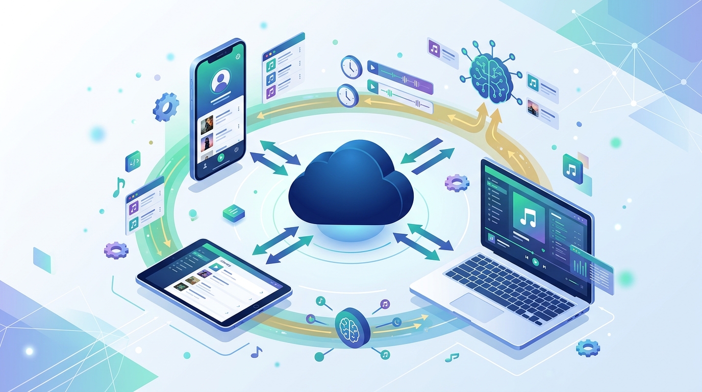 汽水音乐多设备账号数据云端同步示意图