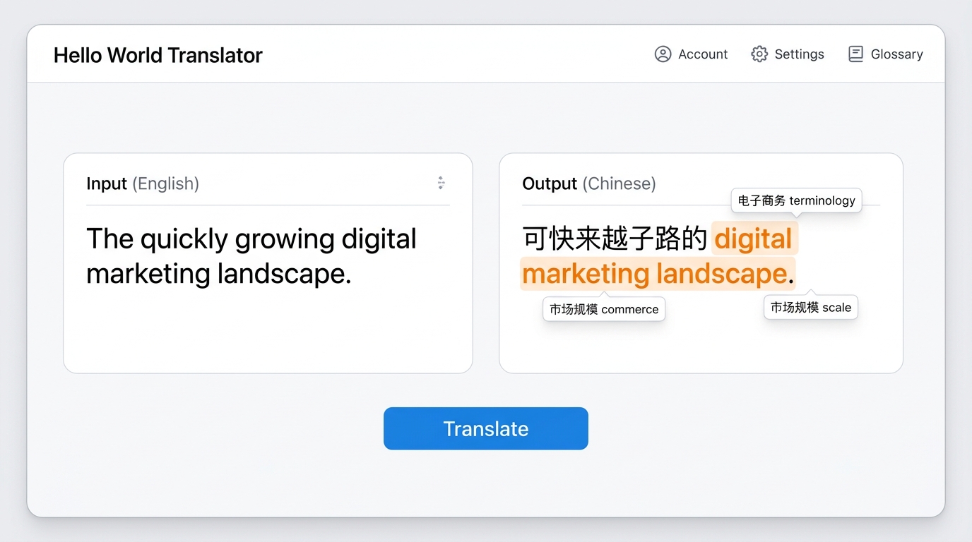 hello world翻译器界面展示电商产品标题翻译功能