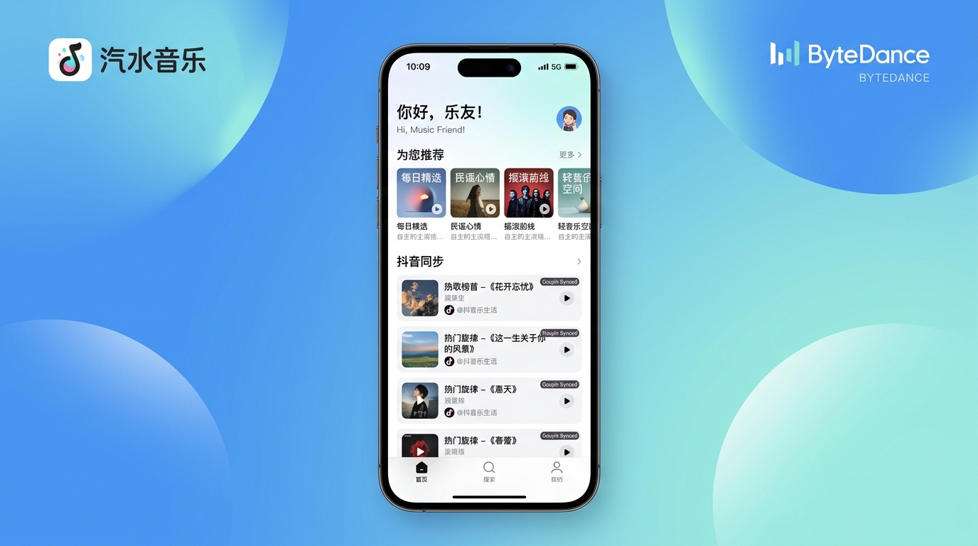 汽水音乐下载后的应用首页个性化推荐界面展示