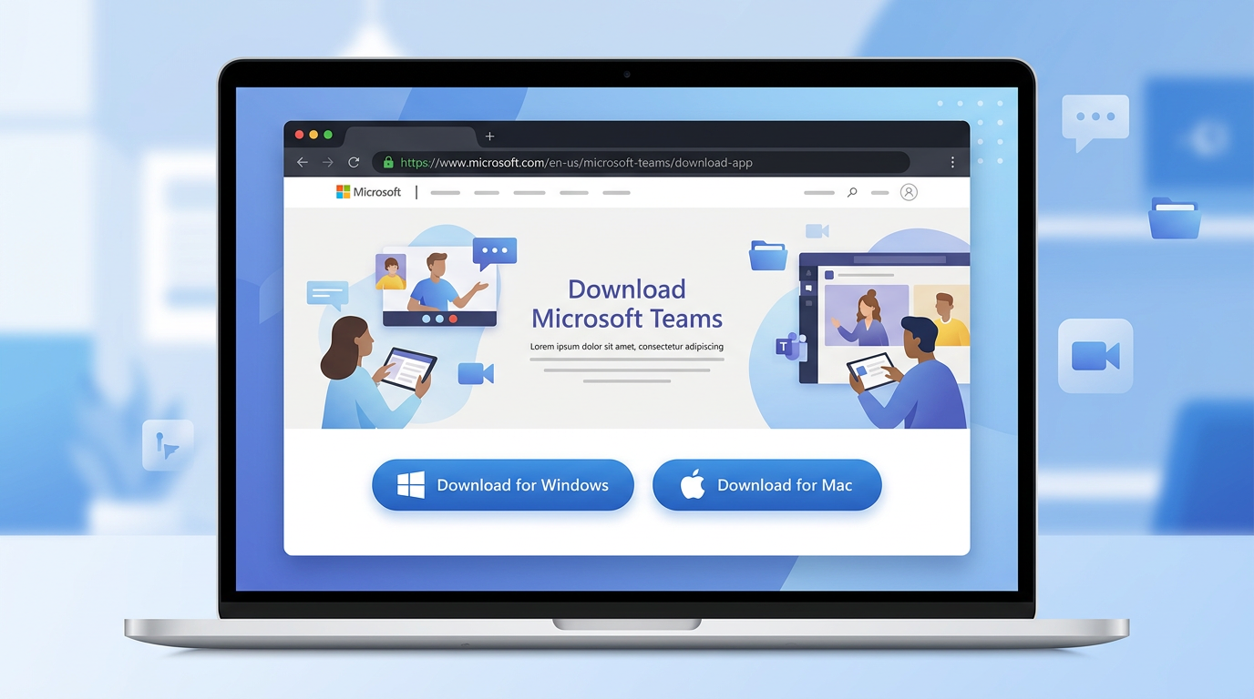 Teams 官网下载页面截图,展示 Windows 和 Mac 下载按钮及浏览器地址栏
