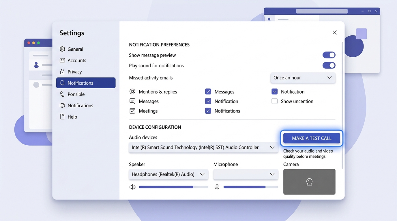 Teams 新手初始化设置界面,展示通知偏好和音视频设备配置选项