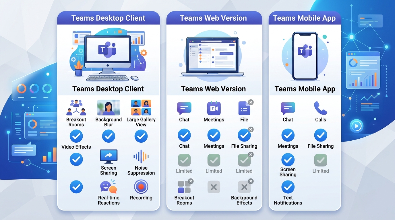 Teams 电脑版网页版移动端功能差异对比表