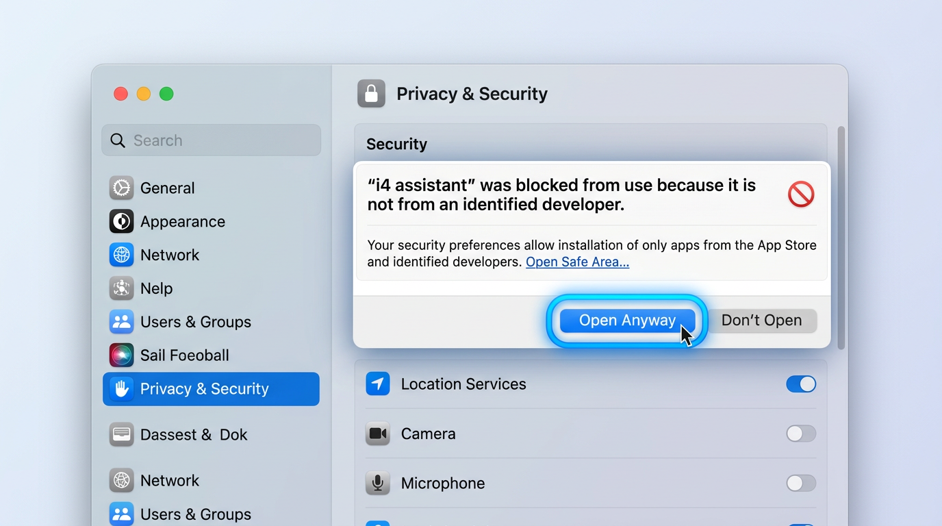 Mac系统隐私与安全性设置中授权爱思助手下载安装的Gatekeeper弹窗