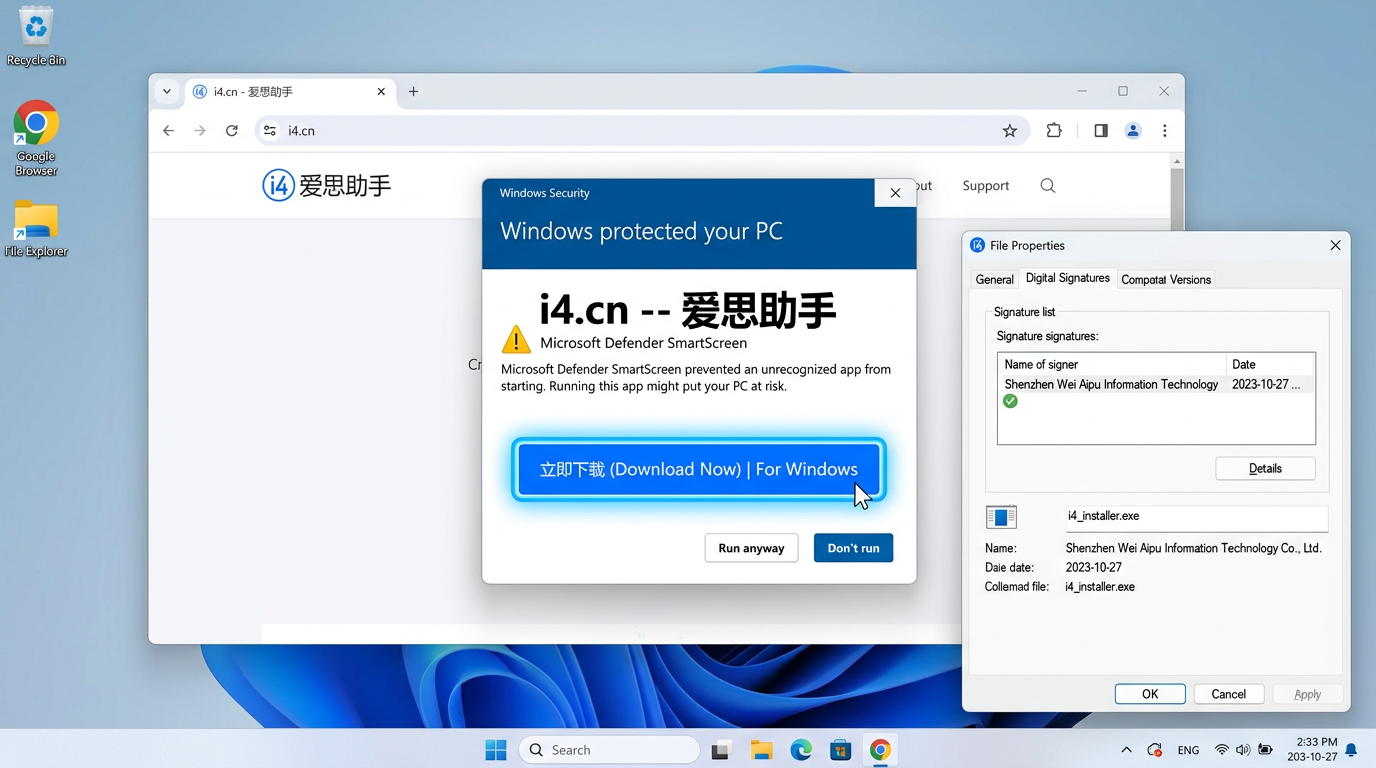 Windows系统爱思助手下载流程及SmartScreen安全验证截图