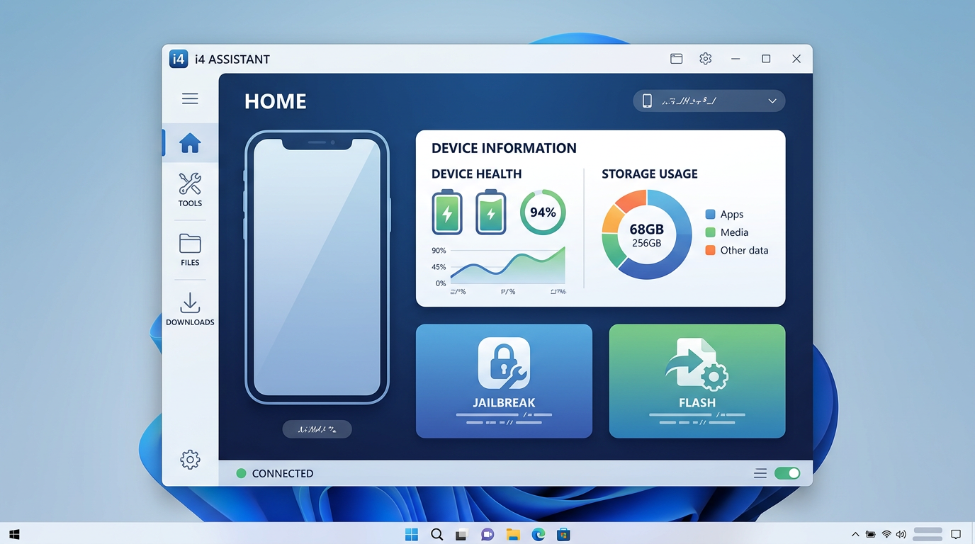 爱思助手下载安装后的Windows主界面展示设备信息和刷机功能