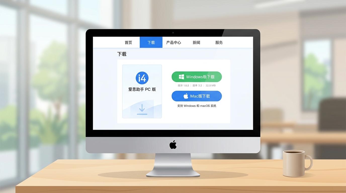 爱思助手下载页面Windows版与Mac版按钮位置对比截图