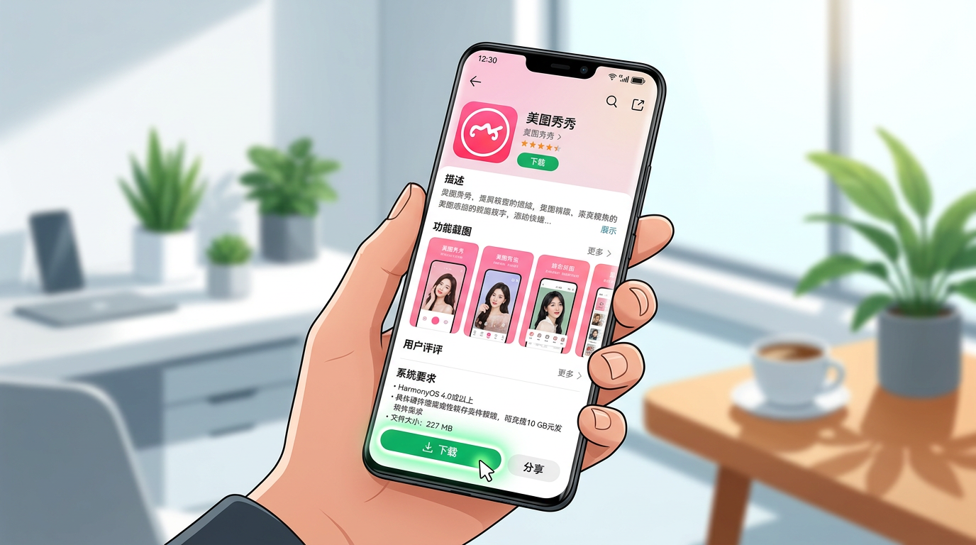美图秀秀手机版下载界面展示华为应用市场安装页面
