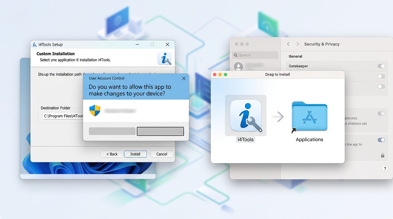 爱思助手下载安装流程：Windows和Mac系统安装界面及权限设置截图