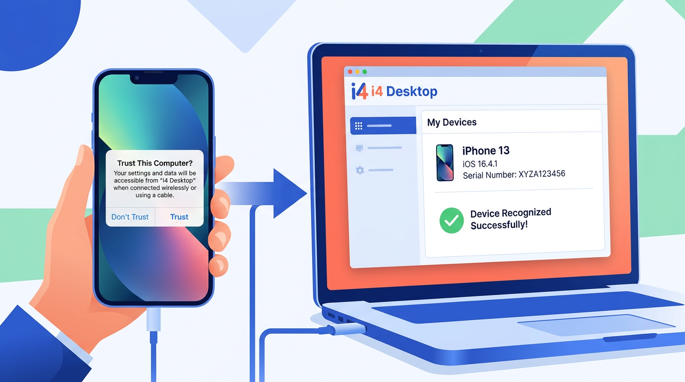 爱思助手下载安装后首次连接iPhone信任此电脑弹窗与设备识别成功界面