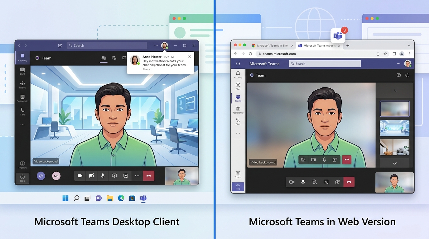 Teams电脑版客户端与网页版功能体验对比截图
