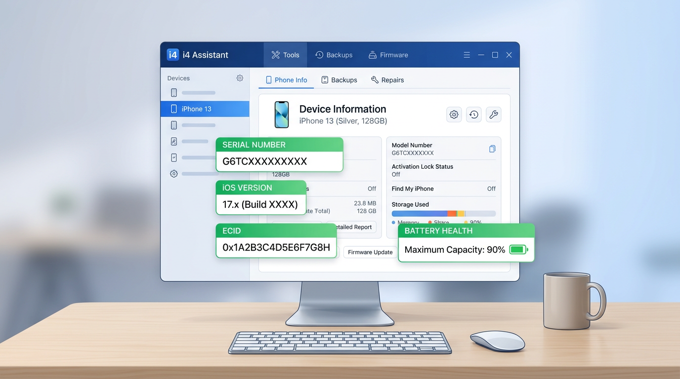 爱思助手首次连接iPhone后显示设备信息面板包括序列号和iOS版本