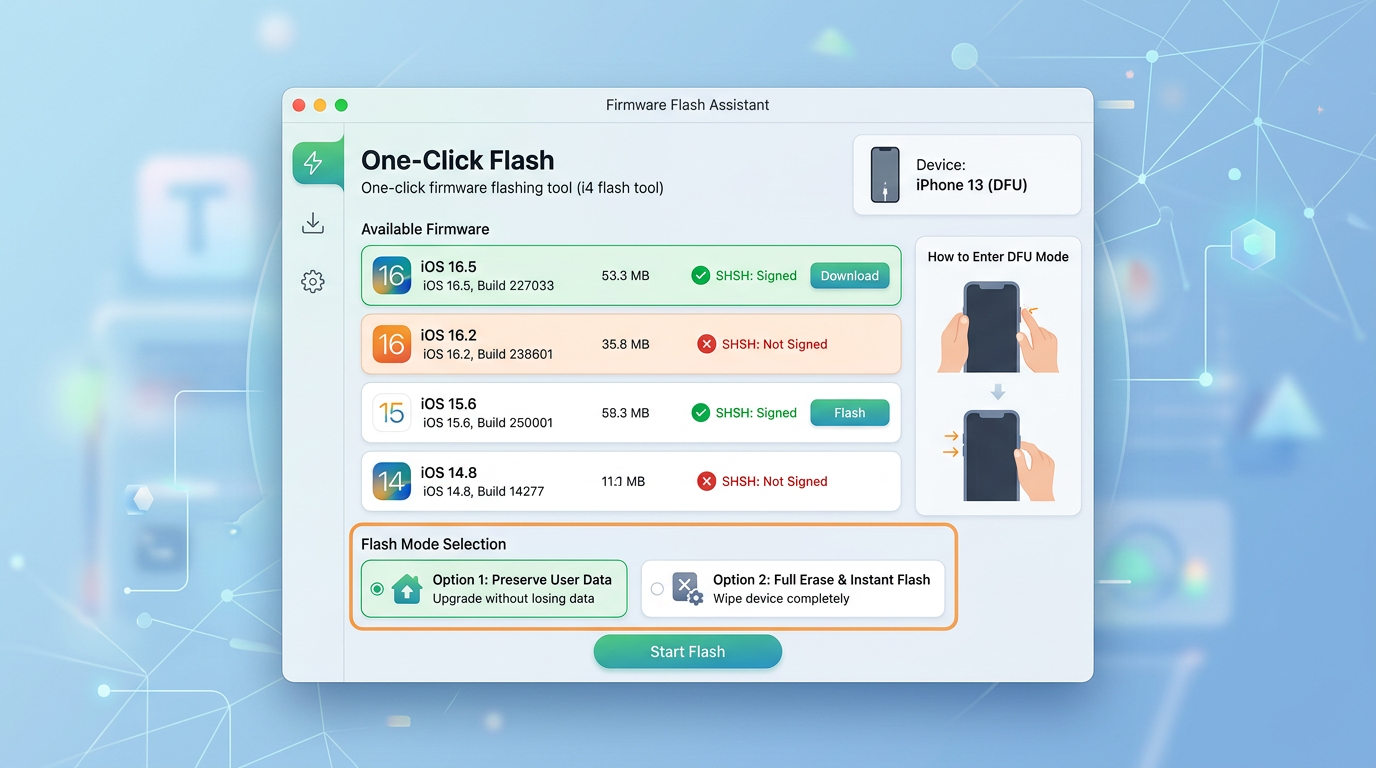 爱思助手一键刷机界面展示固件签名状态与刷机模式选择