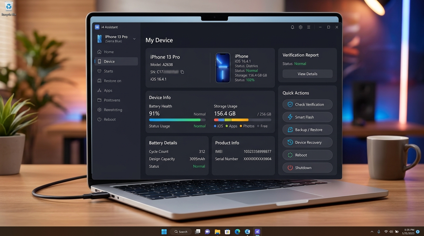 爱思助手电脑端主界面展示iPhone设备信息与刷机备份功能入口