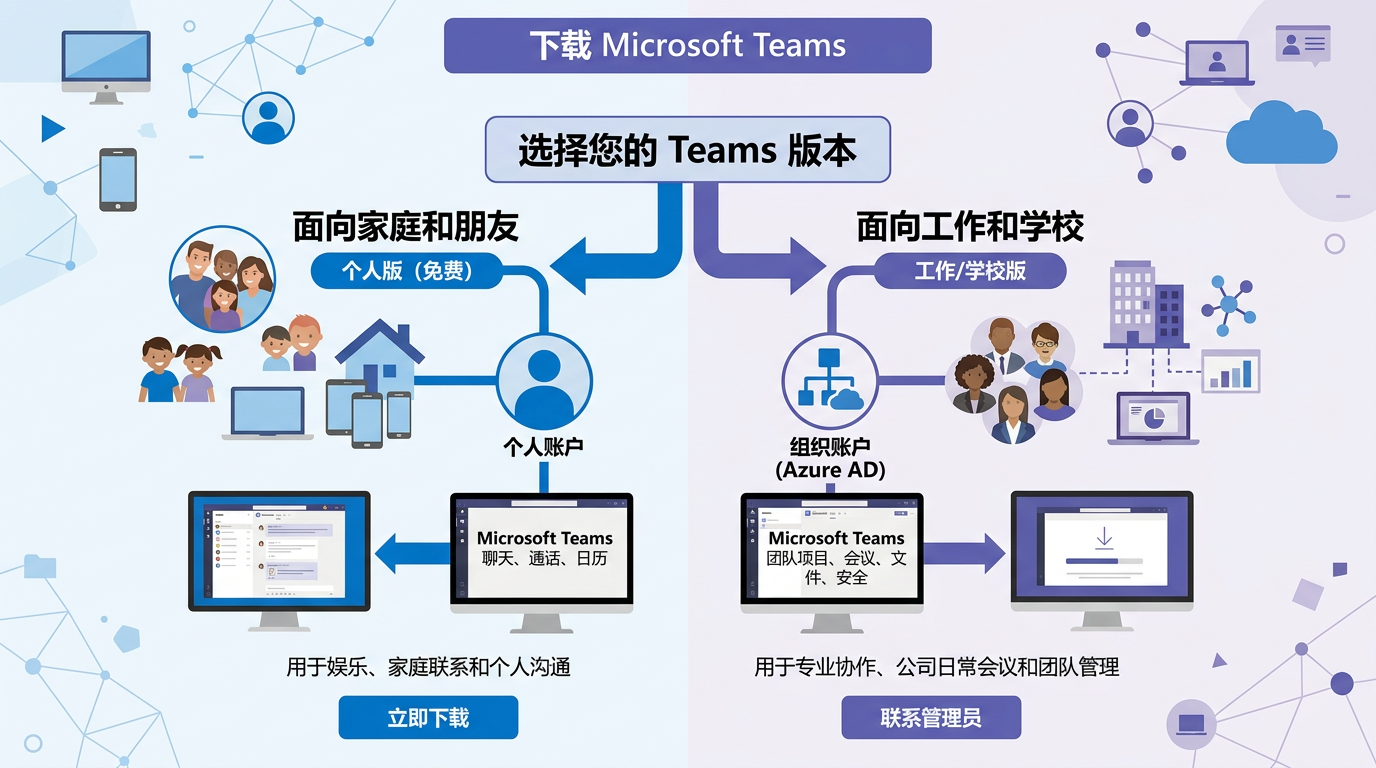 Teams下载版本选择路径对比图：个人版与工作学校版的区别