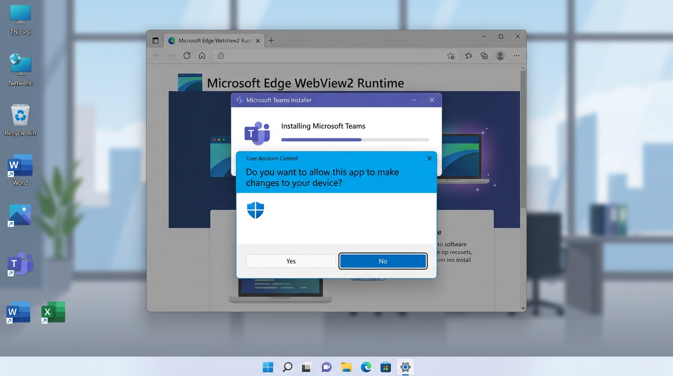 Windows系统Teams下载安装过程中的UAC权限弹窗与安装进度界面