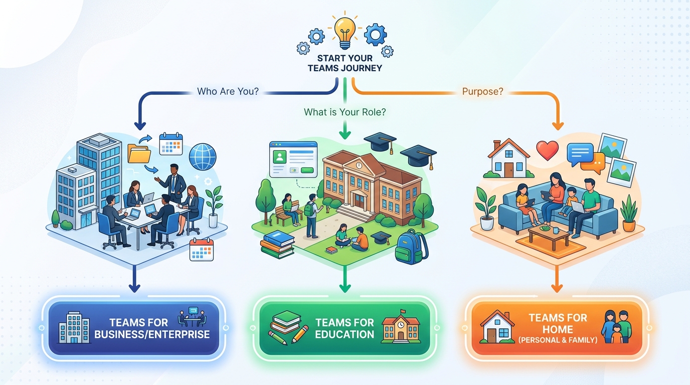 Teams下载版本选择决策流程图，展示企业版、教育版和个人版三条路径