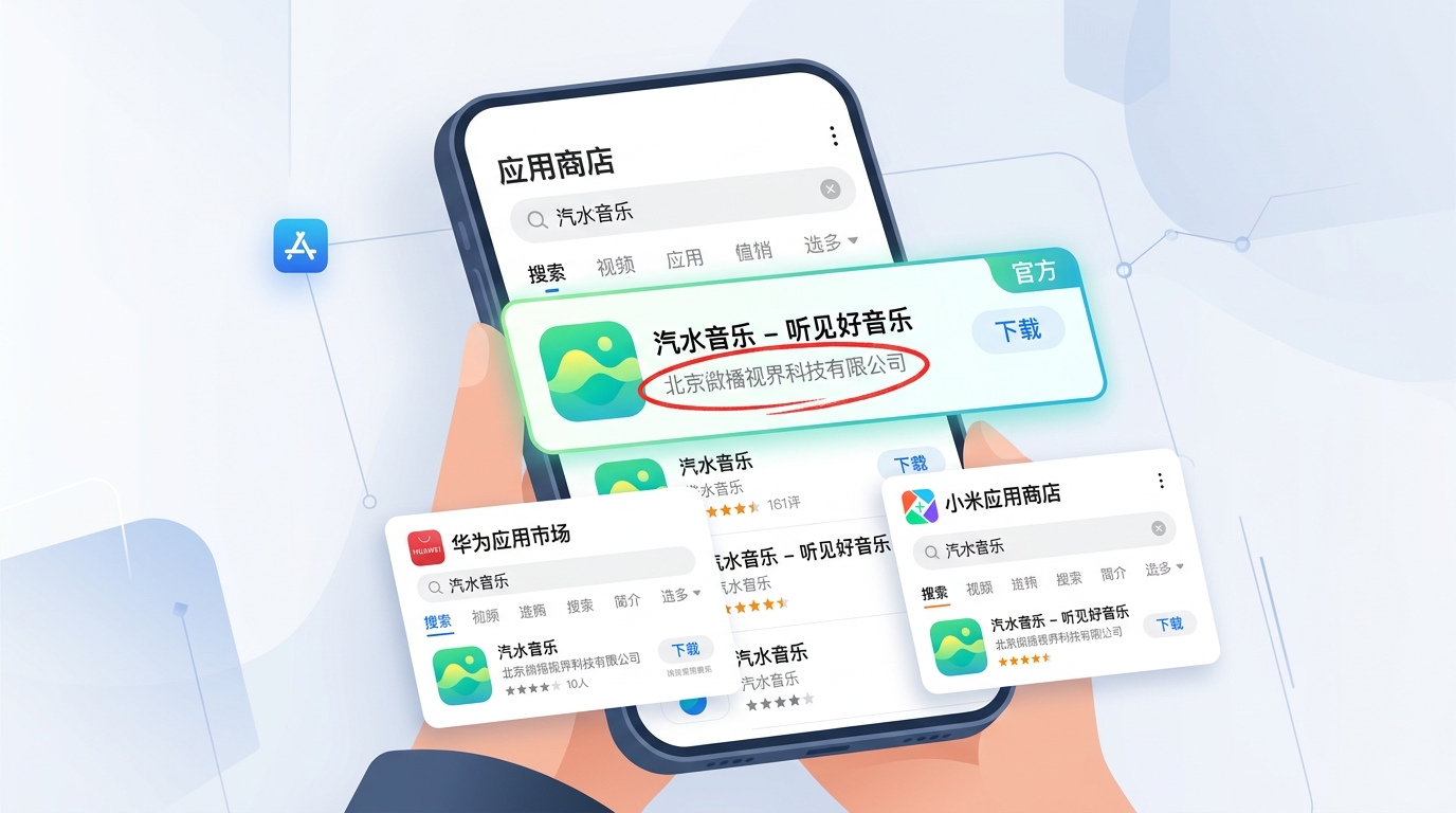 手机应用商店搜索汽水音乐下载结果及官方开发者信息确认