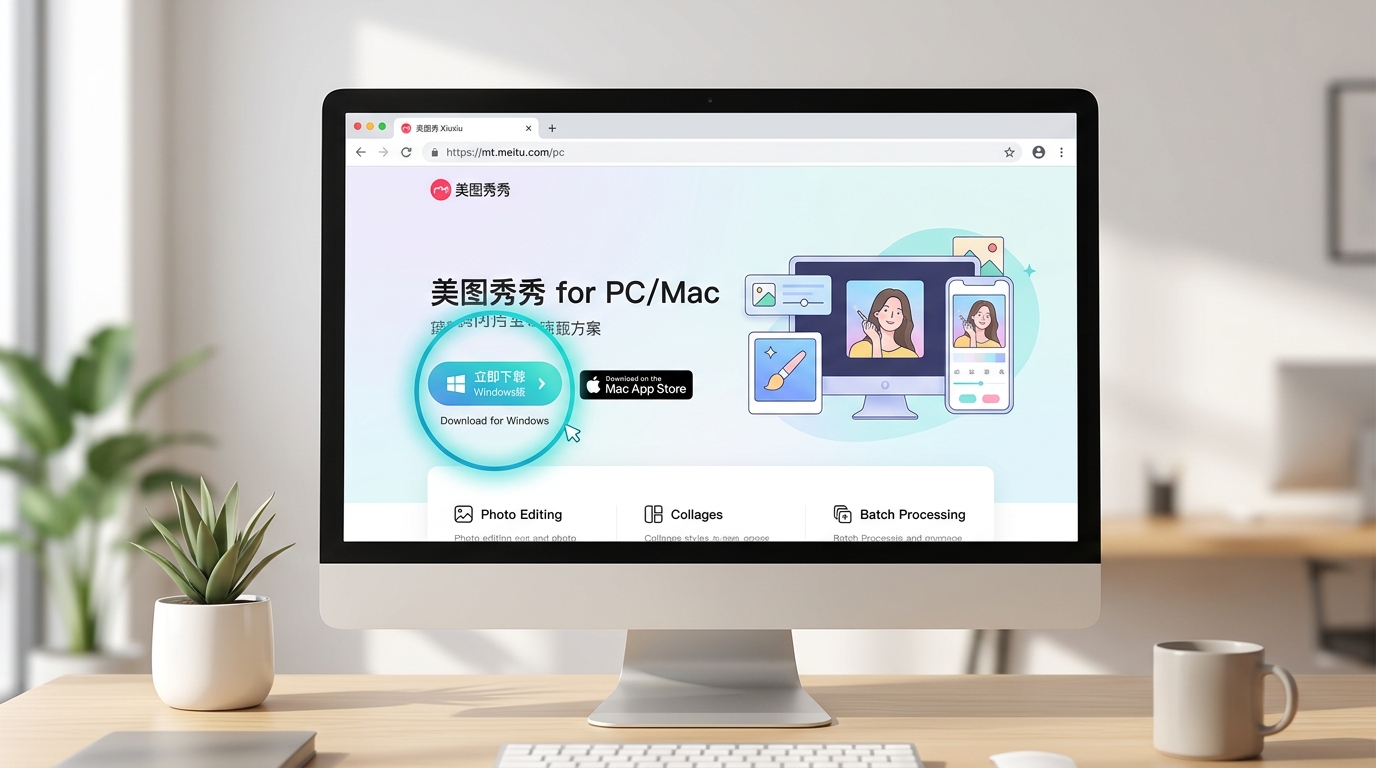 美图秀秀电脑版下载官网页面截图，显示Windows和Mac下载入口