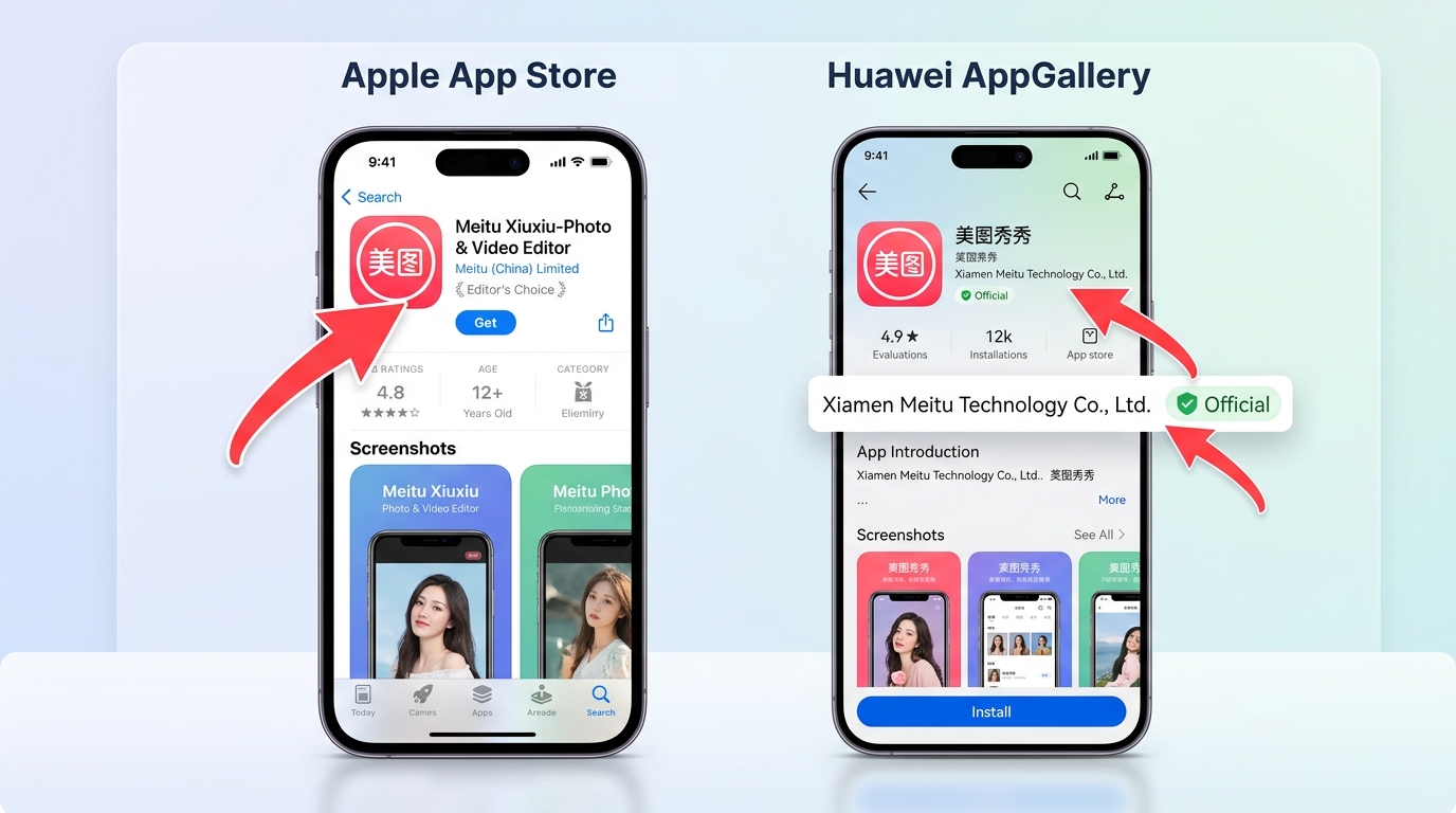 美图秀秀下载在App Store和华为应用市场的官方认证标识对比