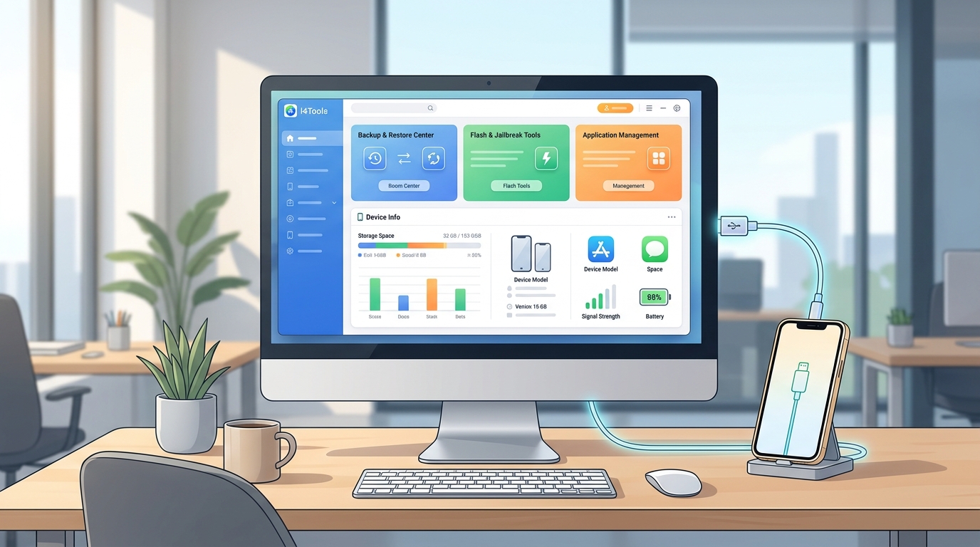 爱思助手主界面功能模块展示，包含数据备份、刷机、应用管理和设备信息查验