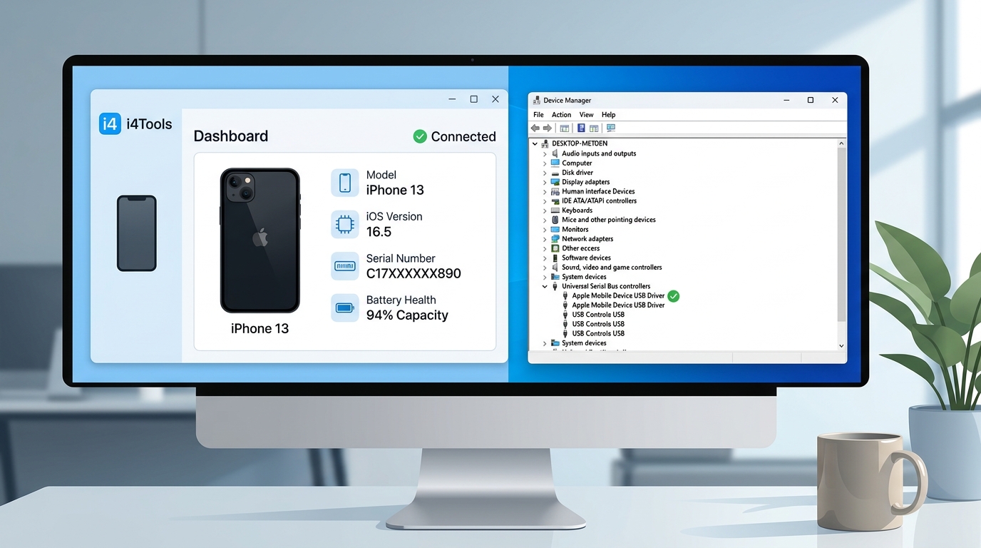 爱思助手下载安装后首次连接iPhone成功识别设备的界面截图