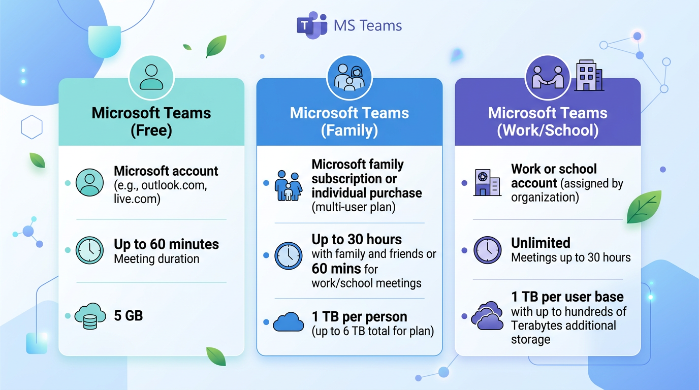 Teams下载版本区别对比图：个人版、家庭版与企业版核心功能差异