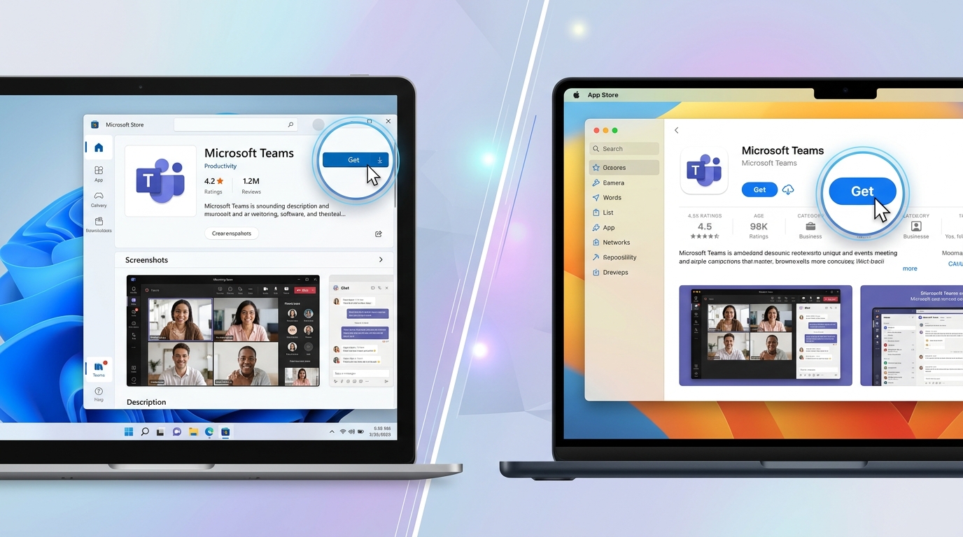 通过Microsoft Store和Mac App Store进行teams下载的界面截图对比