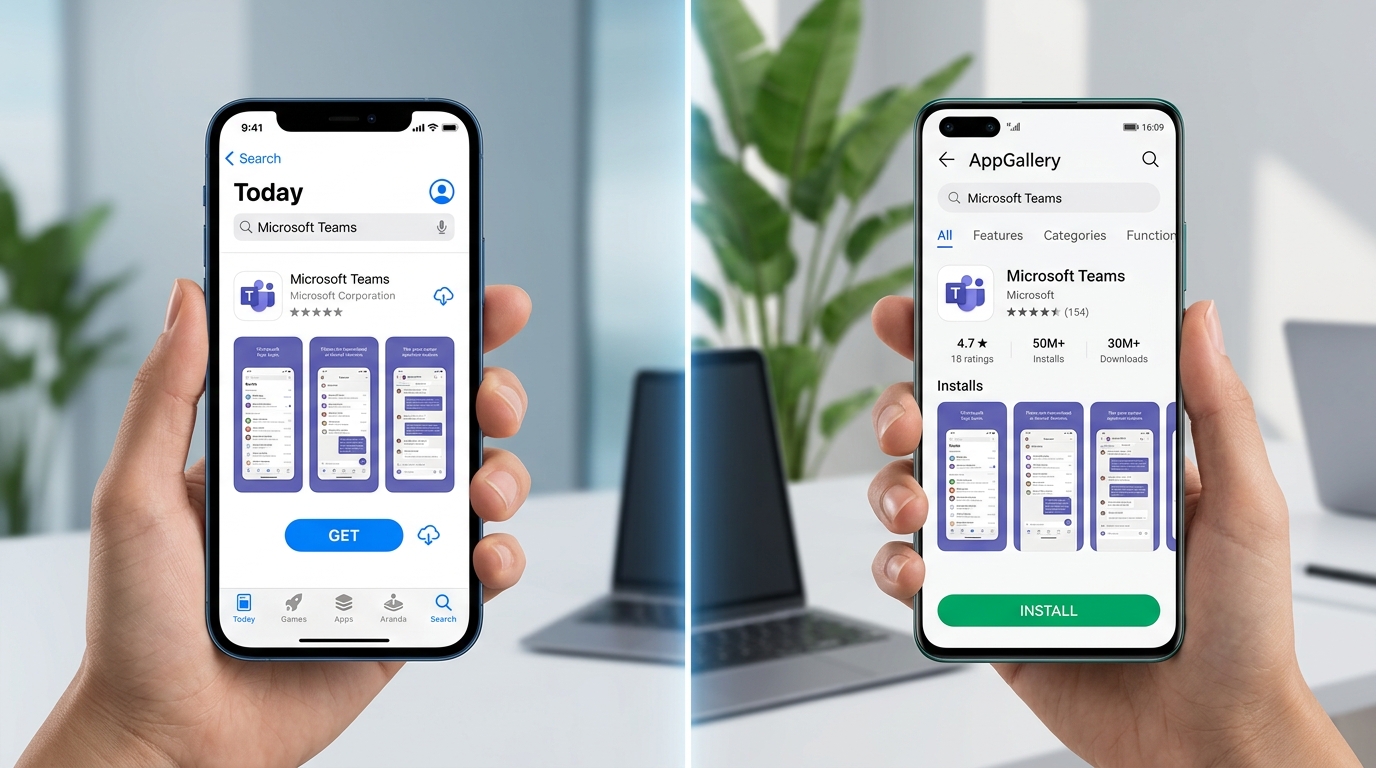 iOS App Store和华为应用市场teams下载界面对比