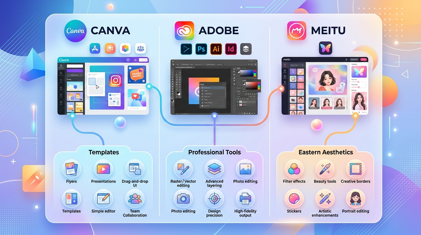 美图秀秀对比Canva与Adobe的差异化竞争策略图示