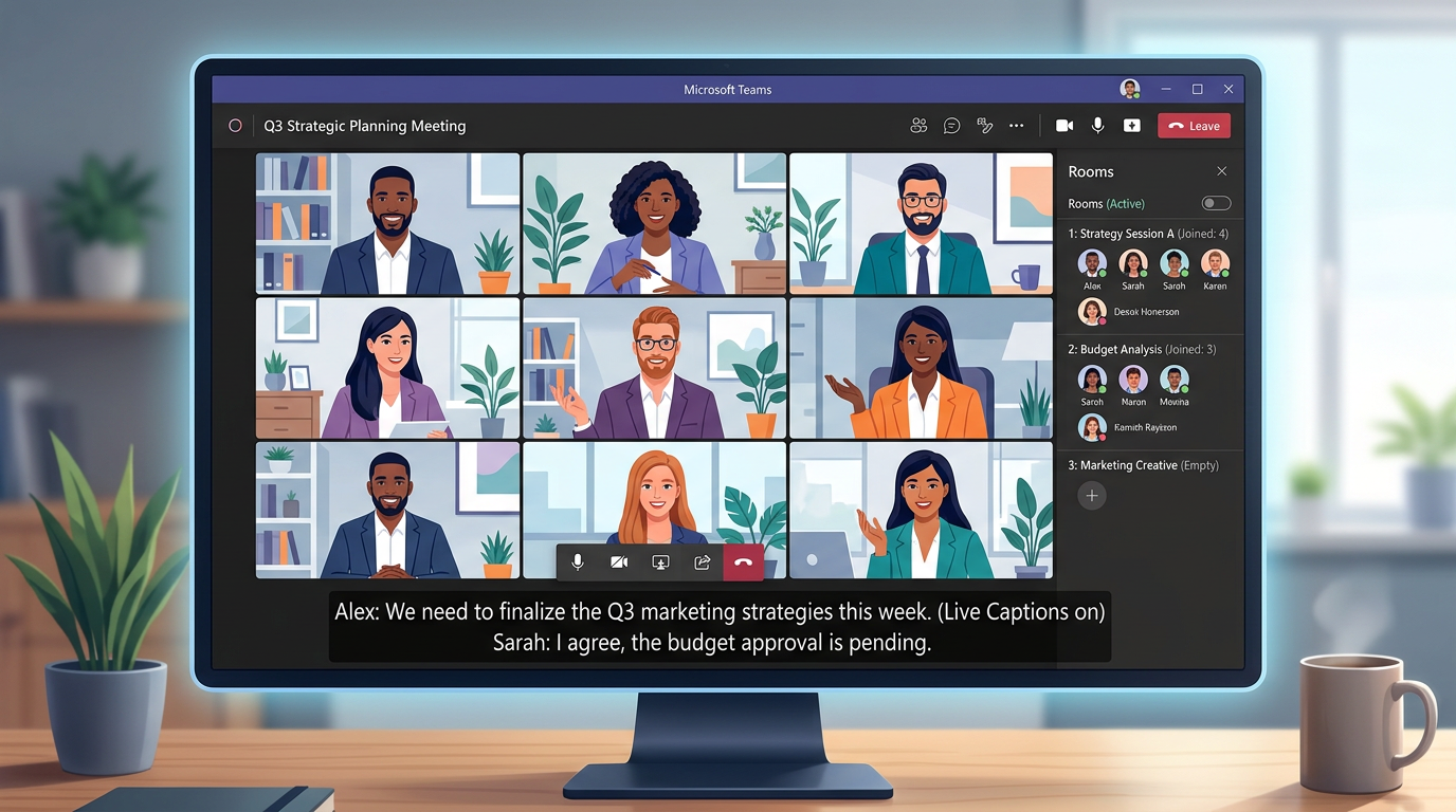 Teams视频会议界面展示实时字幕与分组讨论室功能